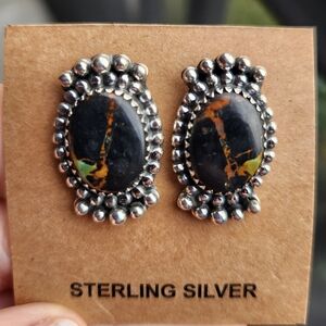 Handmade Sterling Silver 925 Black Jack Turquoise Concho Style Stud Earrings